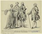 Matrone à l'ancienne mode, jeune femme en coiffure haute et petit panier, ancien militaire, gentillhomme avec l'habit habillé, en 1762