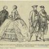 Élégante avec la robe à grands paniers, abbé mondain, jeunes gens en costume de chasse et de promenade avant 1760