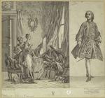 Woman being dressed by her maid as a male visitor looks on, France, 1760s ; French man, 1760s