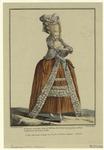 Elégante en petite robe de taffetas des Indes rayé, garnie en pouf, la garniture le même étoffe
