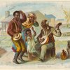 Man, woman, and child listening to elderly man play the banjo