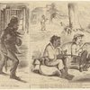 African American man walking through the snow in the North ; African American and white man smoking in the South, United States, 1860