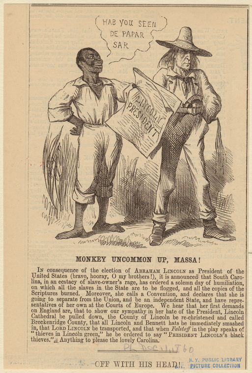 Slave holding a newspaper announcing Lincoln's electoral victory - NYPL ...