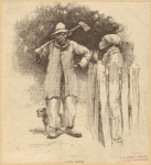 Man with axe talking to woman, ca. 1886