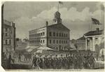 A new regiment of Massachussetts volunteers passing Faneuil Hall, Boston, on their way to the war