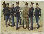 [Ca]valry, private ; Hospital Corps, private, first class ; Signal Corps, sergeant ; Infantry, private ; Coast Artillery Corps, sergeant ; Quartermaster corps, sergea[nt]