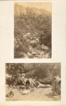 Wooden footbridge over mountain stream; Wagons, water buffaloes and man.