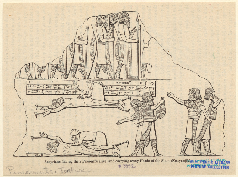 Assyrians flaying their prisoners alive, and carrying away heads of the ...