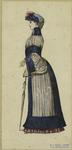 Woman in striped dress, France, 1880s