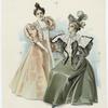 Woman in peach dress and woman in green outfit, United States, 1890s