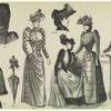 Women wearing various styles of hats and bonnets ; Parasol