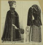 Woman wearing a cope, and sample of bodice and skirt, 1890s