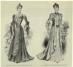 Tea-gown of black shiffon with white lace ; Tea-gown of light silk with lace front