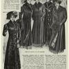 Ladies' long coat of real imported Russian pony ; Fur-lined coat of excellent quality broadcloth ; Coat of good quality kersey ; Coat of imported imitation black caracul ; Fur-lined coat of fine imported broadcloth