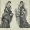 Home costume in cloth, trimmed in lace and glacé bands ; Indoor dress in cashmere, strapped glacé and lace