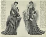 Home costume in cloth, trimmed in lace and glacé bands ; Indoor dress in cashmere, strapped glacé and lace