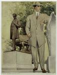 Man in suit standing by a statue of Lincoln, United States, 1908