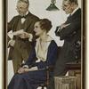 Figures in an office setting, posed in a listening attitude, from a 1918 clothing catalog