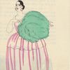 Woman in pink and white dress holding green feather fan, ca. 1920