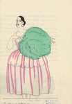 Woman in pink and white dress holding green feather fan, ca. 1920