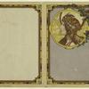 Art nouveau design of a woman's profile, a joker, and a sword