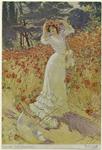 Art nouveau design of woman standing in a field of flowers