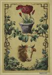 Potted carnation, head of a cow and fruit tree