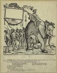 Man riding on elephant, soldiers following behind on foot