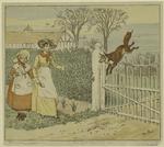 Fox jumping over fence, frightening two women