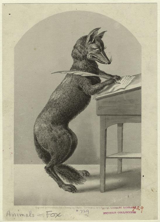 Image of a line drawing of a fox writing with a quill pen.