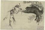 Jaguar chasing monkeys on a tree limb