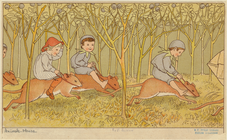 Children riding mice through forest - NYPL Digital Collections