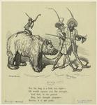 Leashed bear with a monkey on its back being led by two men