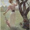 Woman with a parasol standing by a tree in field