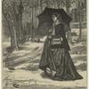 Woman with a parasol walking through a wooded area