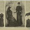 Back of mourning dress ; Mourning dress ; Crape-trimmed costume and cape ; Widow's cap for elderly lady ; Back of wrap