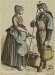 Dutch woman holding a fish and Dutch man holding a bucket