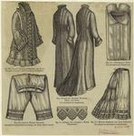 Lady's muslin, insertion, and lace ; Lady's muslin drawers ; Batiste wrapper, front and back ; Gentleman's shirt ; Muslin, insertion, and lace petticoat