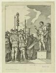 Roman soldiers gathering around man on a pedestal