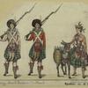 Scottish soldiers and a woman walking beside a mule