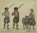 Scottish soldiers and a woman walking beside a mule
