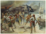 Pirates leading captives to a boat, buildings burning in background