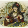 Young woman (gypsy?) playing the guitar, with floral decoration