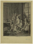 Woman playing the harp, with two male suitors.