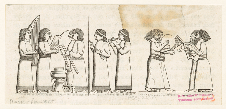 Assyrian musicians with harp, lyre, flute, tamboura, double-flute ...