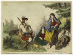 Two women in a rustic setting listening to a shepherd playing the bagpipe
