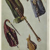 Modern Northumbrian bagpipe with a crimson bag ; Ancient Northumbrian bagpipe with blue bag ; Lowland Scotch bagpipe with green bag ; The bellows of the modern Northumbrian bagpipe.