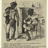 African-Americans conversing by a mantel, one playing a banjo, the other holding a hoe.