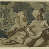 Woman seated with lute player.