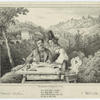 Man playing the zither seated with woman in front of scenic landscape.